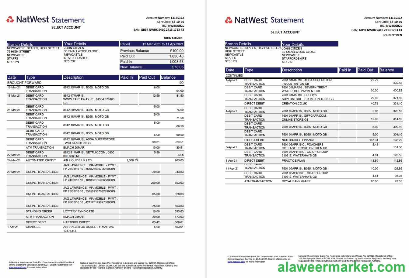 United Kingdom Natwest bank statement template in Excel and PDF format (2 pages)